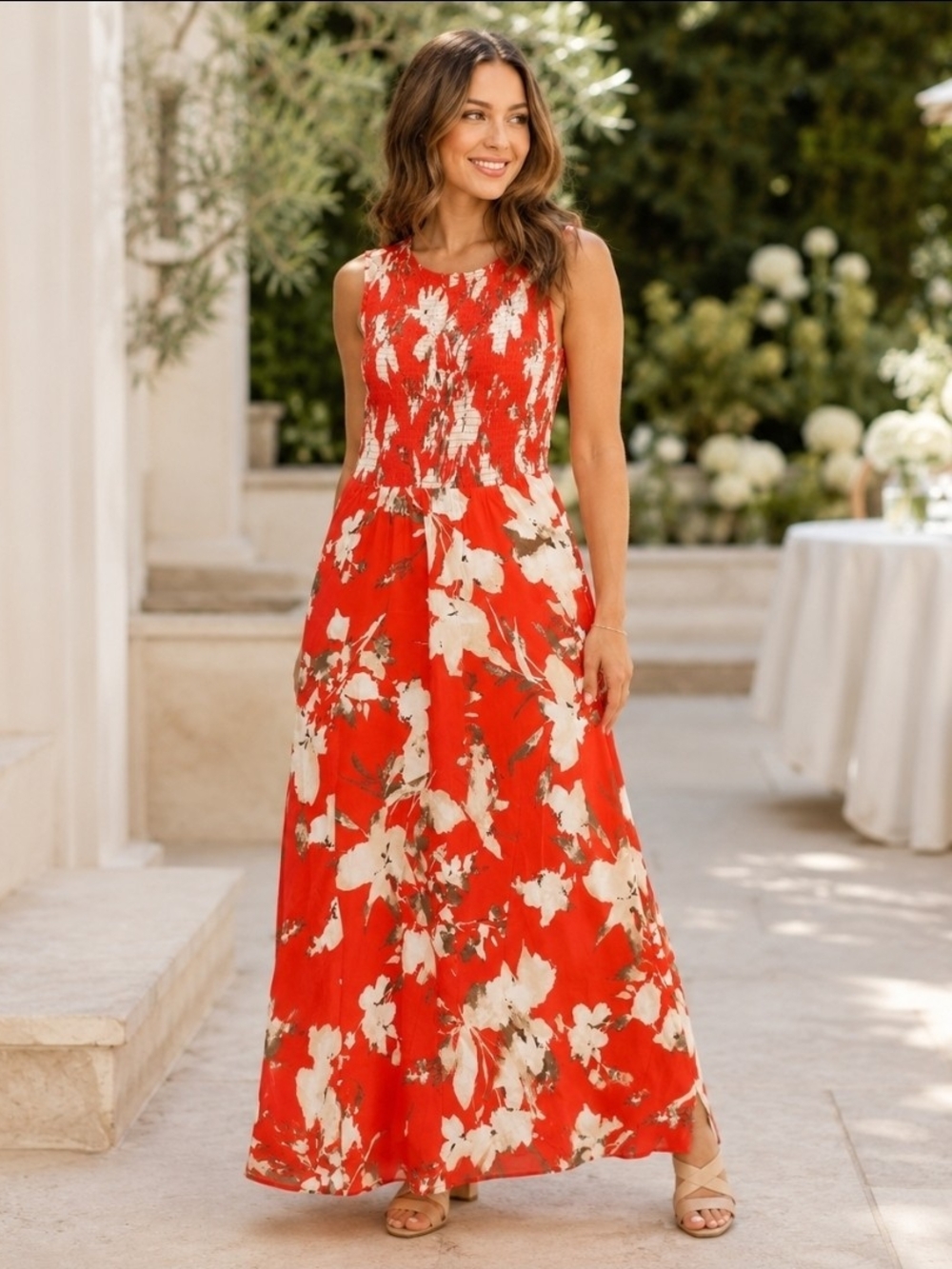 NWT Calvin Klein Floral Smocked Maxi Dress Red Size 4